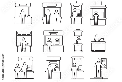 Outline icons of exhibition stands and booths for trade shows and events.
