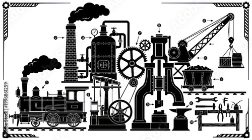 Vintage Industrial Steam Engine and Machinery Black and White Vector Art
