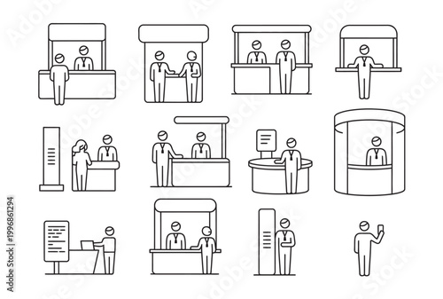 Line art icons showcasing exhibition stands, booths, and customer interactions.