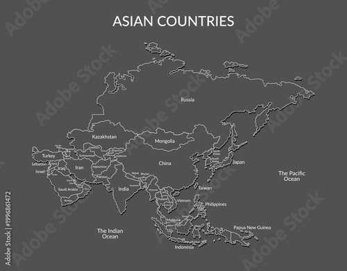 Asian countries borders isolated on black background8. Vector flat clipart.