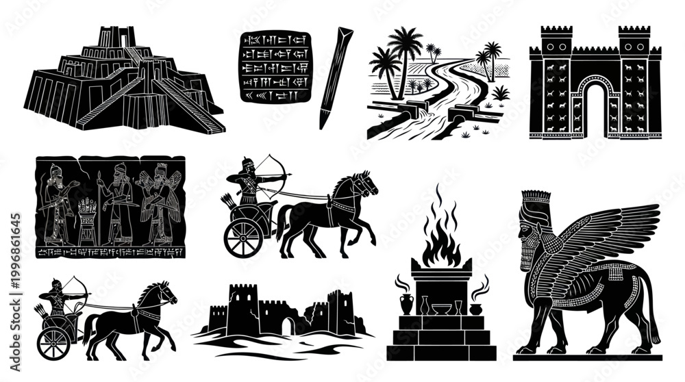 Obraz premium Ancient Mesopotamia Symbols: Ziggurat, Cuneiform, Chariots, Lamassu Glyph