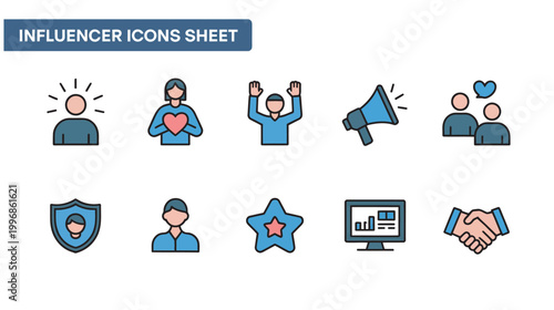 Influencer marketing icons set for social media and business promotion, vector illustration