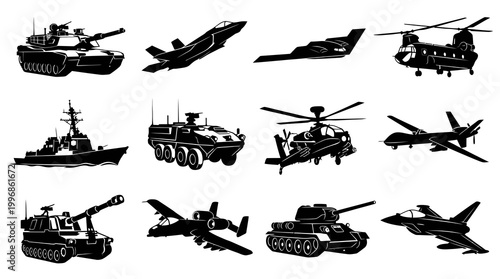 Black  White Military Vehicles Vector Set - Tanks, Aircraft, Helicopters, Ship