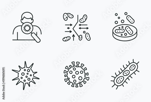 Microbiology and virology icons showing viruses, bacteria, and scientific research