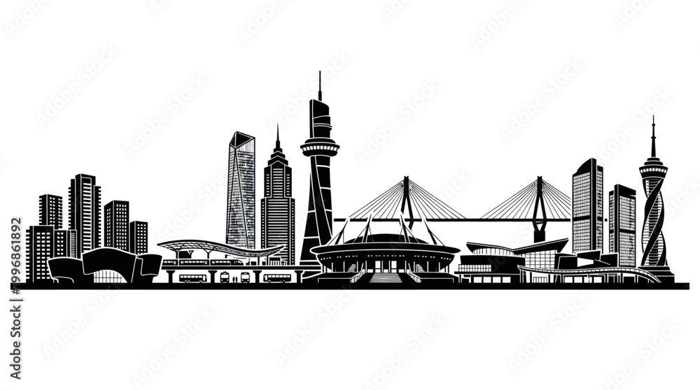 Obraz premium Urban Architecture Black White Silhouette Vector: City Skyline with Modern Landmarks