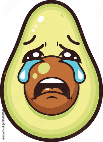 Sad avocado character with a big brown pit crying tears of sorrow in a cute cartoon style illustration isolated on a plain white background for funny food design projects