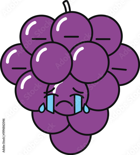 An expressive cartoon illustration of a vibrant purple grape bunch, featuring a single adorable grape with a tearful face, symbolizing sadness or disappointment in a whimsical design.