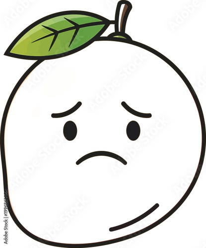 An adorable cartoon illustration of a sad and disappointed orange fruit, complete with a vibrant green leaf and a small brown stem, expressing genuine feelings of sorrow.