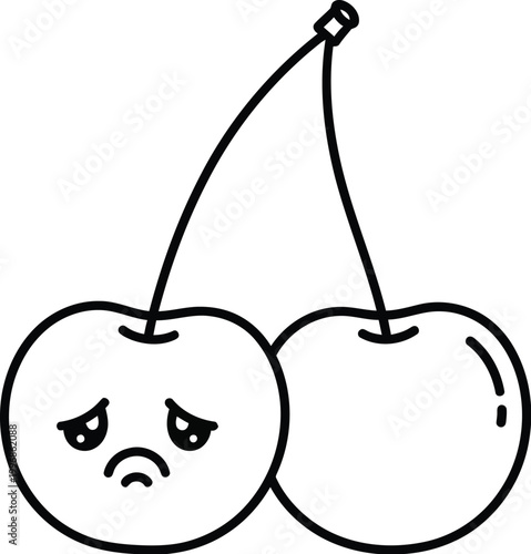 A cute animated pair of cherries depicting contrasting emotions, with one expressive fruit showing a clearly sad face while its companion remains plain and unembellished.