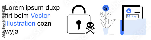 Cybersecurity, identity verification, fraud prevention, financial security, data protection, online risks. Lock with skull icon, file folder and money-related elements. Cybersecurity and identity