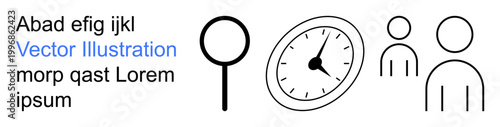 Time management, teamwork, user research, scheduling, data analysis, efficiency concepts. Magnifying glass, clock and abstract person icons on a white background. Time management and teamwork
