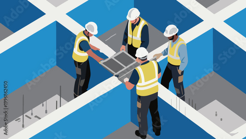 Illustration Of Construction Workers Teamwork Vector Design Template