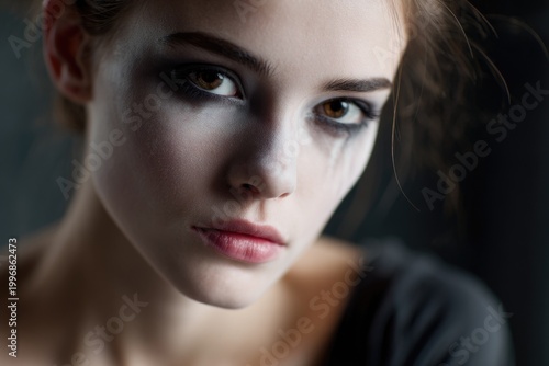 woman with subtle halloween makeup natural light, minimal costume, raw photography