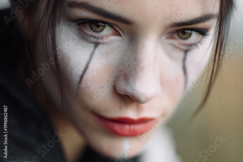 woman with subtle halloween makeup natural light, minimal costume, raw photography