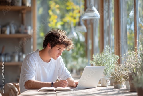 young graduate using laptop planning future natural light lifestyle raw photography