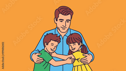 Father Hugging Children Tenderly with Love.