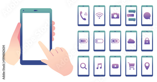  シンプルなグラデーションカラーのスマートフォンのイラストセット