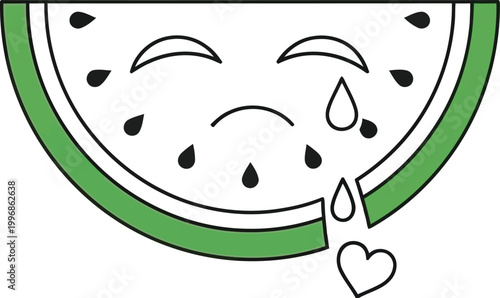 Sad watermelon slice character with a teardrop shape showing deep emotional sorrow while shedding a small falling heart on a clean white background for artistic creative graphic design projects