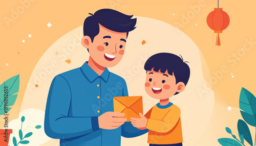 Father and Son Sharing Red Envelope.