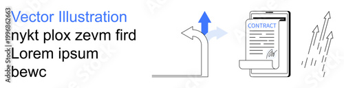 Business processes, legal contracts, agreements, documentation, workflow analysis, strategy planning. Document on clipboard with arrows progress. Business processes and legal contracts concept
