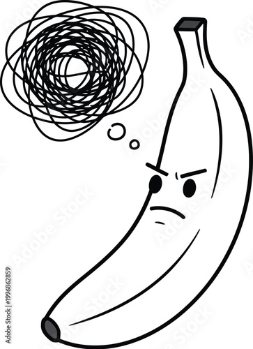 Angry banana cartoon character looking very frustrated with a messy scribble thought bubble appearing above its head in a simple black and white line art drawing for your design