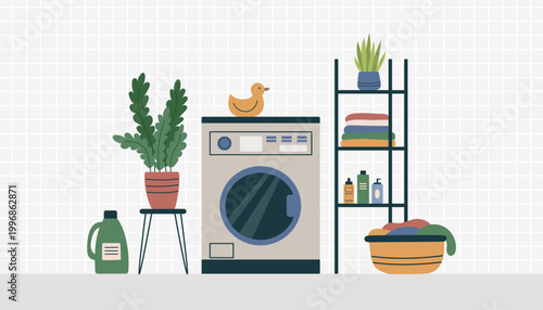 Laundry room interior with washing machine and storage. Laundry background1.