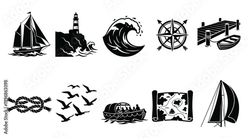 Nautical Icons Set: Sailboat, Lighthouse, Wave, Compass, Dock, Rope, Birds, Boat, Map, Yacht