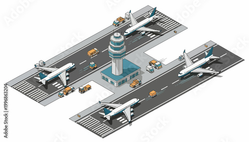 Isometric vector illustration of an airport featuring airplanes on the runway and a control tower in the center, with a clean design against a white background, conveying a sense
