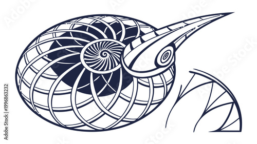 Abstract futuristic wireframe geometric nautilus shell illustration featuring intricate intersecting linear patterns and modern minimalist design on white background