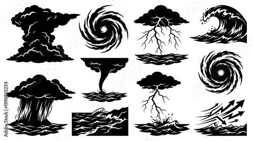 Black  White Icons: Natural Disasters - Storms, Tornadoes, Lightning, Waves