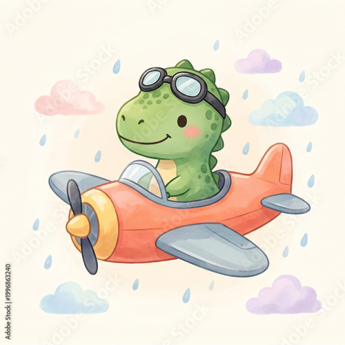 kawaii dinosaur pilot illustration in a soft watercolor