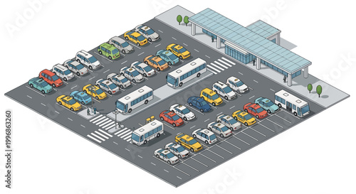 Isometric vector art illustration featuring a detailed airport building and parking lot scene, complete with a variety of colorful vehicles and pedestrian walkways, set against a neutral