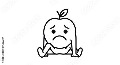 Simple line art drawing of a cute sad apple character sitting on the ground with a depressed expression showing a lonely feeling in a minimal black and white style