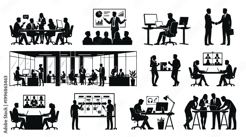 Fototapeta premium Business Office People Silhouettes Set - Teamwork, Meetings Workplace Activities - Black White Vector
