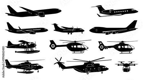 Aviation Transport Aircraft Silhouettes Set - Airplanes, Helicopters, Drone Glyphs