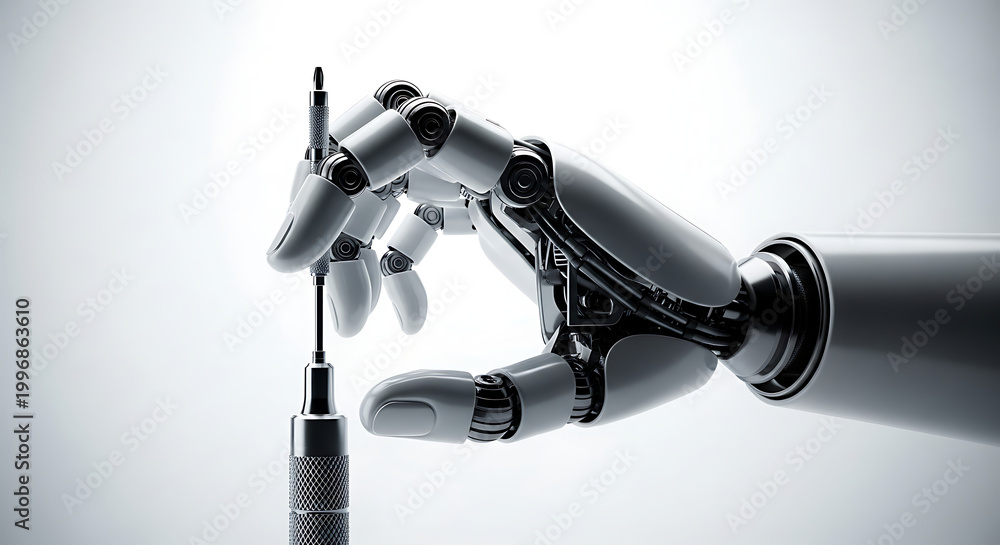 Fototapeta premium A robotic hand holds a screwdriver against a white background