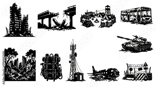 Post-Apocalyptic Disaster  Survival Collection - Black and White Silhouette Vector Illustrations
