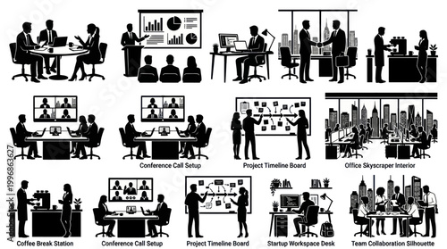 Business Office Corporate People Working Silhouette Vector Icons. Meeting, Team, Presentation, Conference Call.