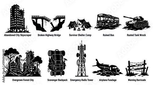 Post-Apocalyptic Survival Icons: Ruined City, Bus, Tank, Airplane, Campsite