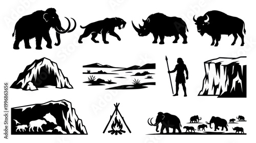 Prehistoric Stone Age Animals and Caveman Silhouettes Vector Icon Set
