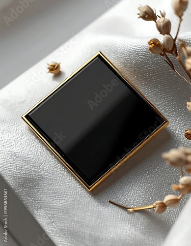 Close-up of a square black and gold object resting on white fabric with dried floral accents