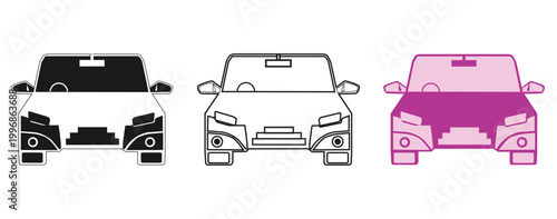 Car icons set in front view featuring black silhouette, outline, and flat pink color styles for automotive and transportation design.
