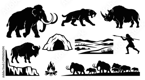 Prehistoric Stone Age Life: Mammoth, Saber-tooth, Rhino, Bison, Caveman Silhouette Icons Set