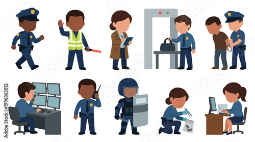 Flat Design Security and Law Enforcement Professions Characters Icons Set