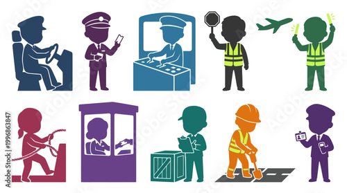 Flat Style Icons of Transportation and Airport Workers