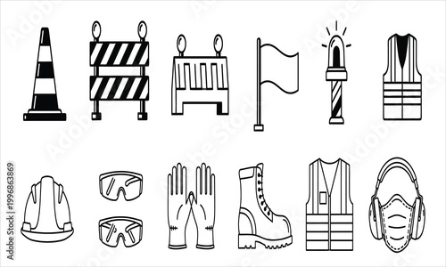 set of safety equipment icons in black and white line art