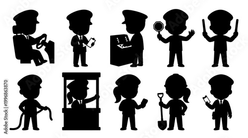 Silhouette icons of uniformed workers in different professions, black and white vector art