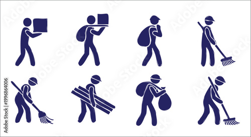 construction worker icons set in blue silhouette style