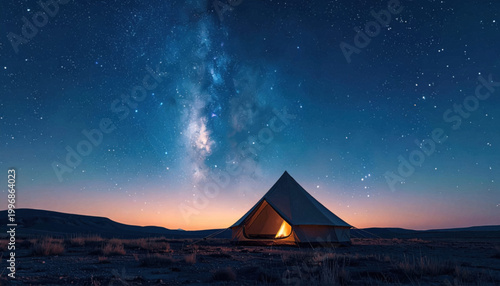 Illuminated Tent Under Starry Night Sky.