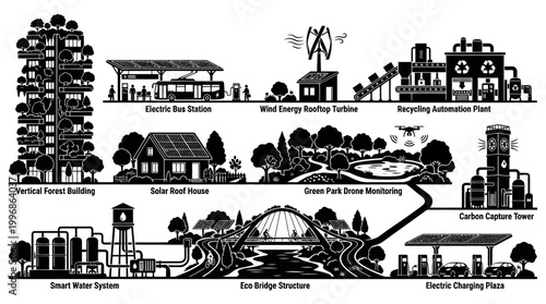 Eco-friendly smart city elements, vector illustration in black and white